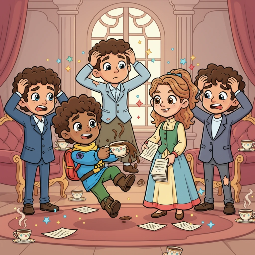 The five powerful characters are now depicted looking increasingly flustered and disheveled. Their fancy clothes are a bit rumpled, and their smiles are strained. One spills a cup of coffee, another drops important papers, as tiny, colorful sparks of truth seem to pop up everywhere around them, making them very uncomfortable.