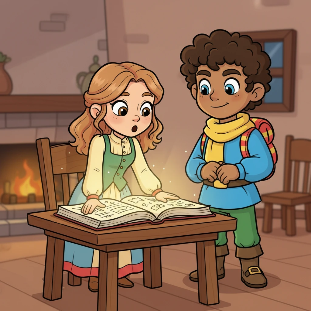 Margaret's face softens with a mix of surprise and quiet understanding as she pores over the detailed pages of the ledger. Elias stands calmly beside her, a gentle, knowing smile on his face. The ledger glows faintly, representing the clarity of the truth it contains, as Margaret sees the full picture.