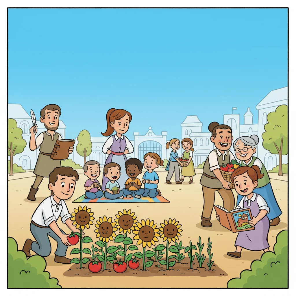 The city gleams under a sunny sky, its people happily going about their day, with a renewed sense of trust and fairness. The five powerful characters are now shown in simpler, more honest roles, perhaps helping out in a community garden or reading to children, having learned valuable lessons. Elias, with a peaceful smile, closes his ledger and walks away into the sunset, his task complete.