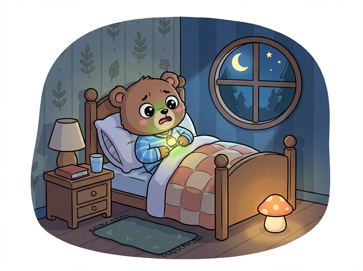 Es war Abend im Wald. Der kleine Bär Ben lag schon in seinem Bett, eingekuschelt in seine weiche Decke. Doch heute fühlte sich sein Bauch ein bisschen schwer an. Morgen sollte Ben bei seiner Oma übernachten.