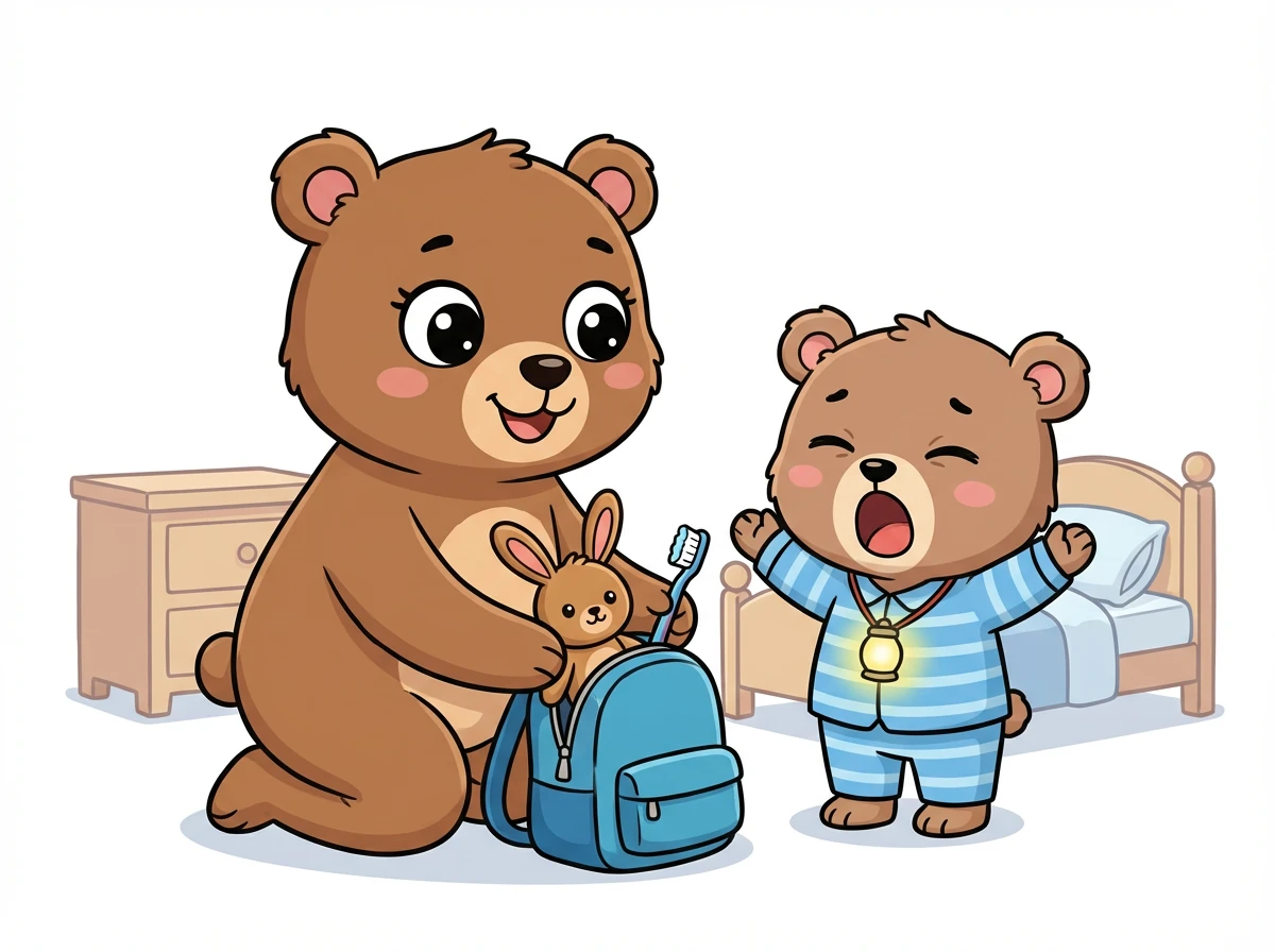 Am nächsten Morgen packte Mama Bär Bens kleine Tasche. Sie enthielt seine Lieblingskuscheltier, Hoppel, und seine Zahnbürste. Ben gähnte und fragte: „Muss ich wirklich zu Oma?"