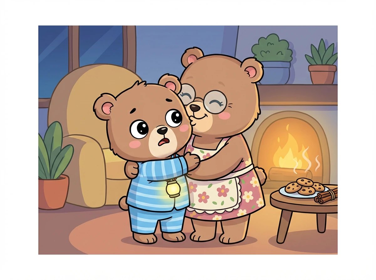 Oma Bär empfing Ben mit offenen Armen und einem dicken Kuss. Sie roch nach Zimt und frischen Keksen. Ben fühlte sich ein bisschen wohler, aber die komischen Geräusche waren immer noch da.