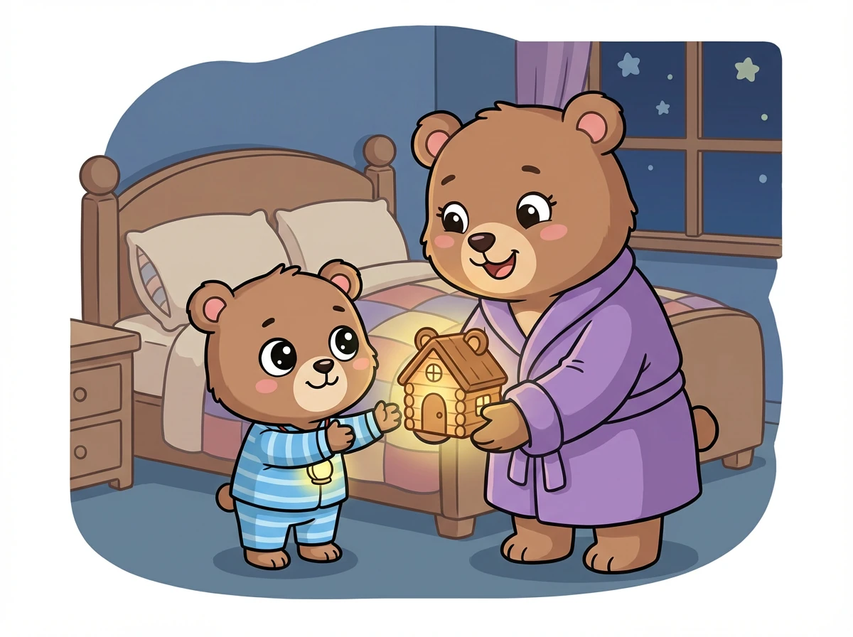 Nach dem Abendessen, als es dunkel wurde, zeigte Oma Ben das Nachtlicht. Es war ein kleines, leuchtendes Bärenhaus. „Das beschützt dich vor allen bösen Träumen“, sagte Oma.