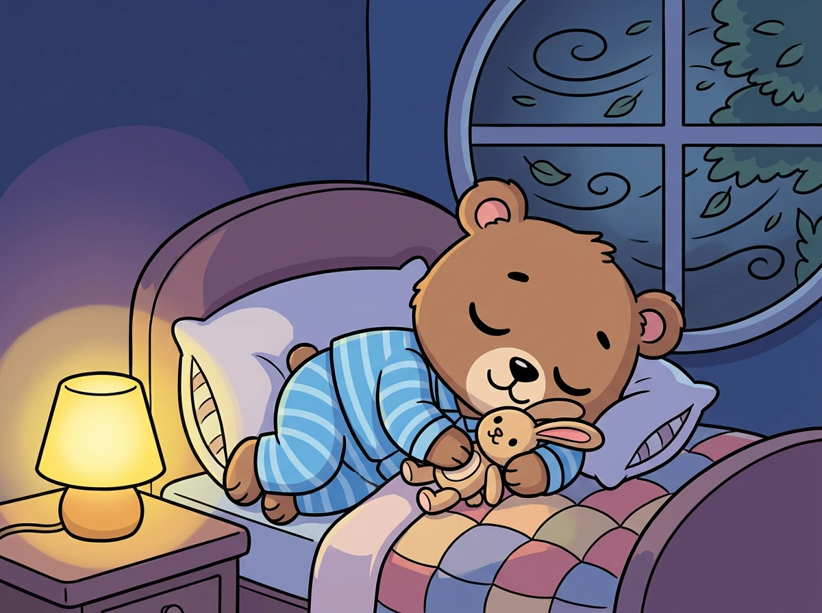 Als Ben im Bett lag, leuchtete das Nachtlicht sanft. Er hörte die Geräusche des Waldes: das Heulen des Windes und das Rascheln der Blätter. Zuerst hatte er Angst, aber dann kuschelte er sich an Hoppel und schloss die Augen.