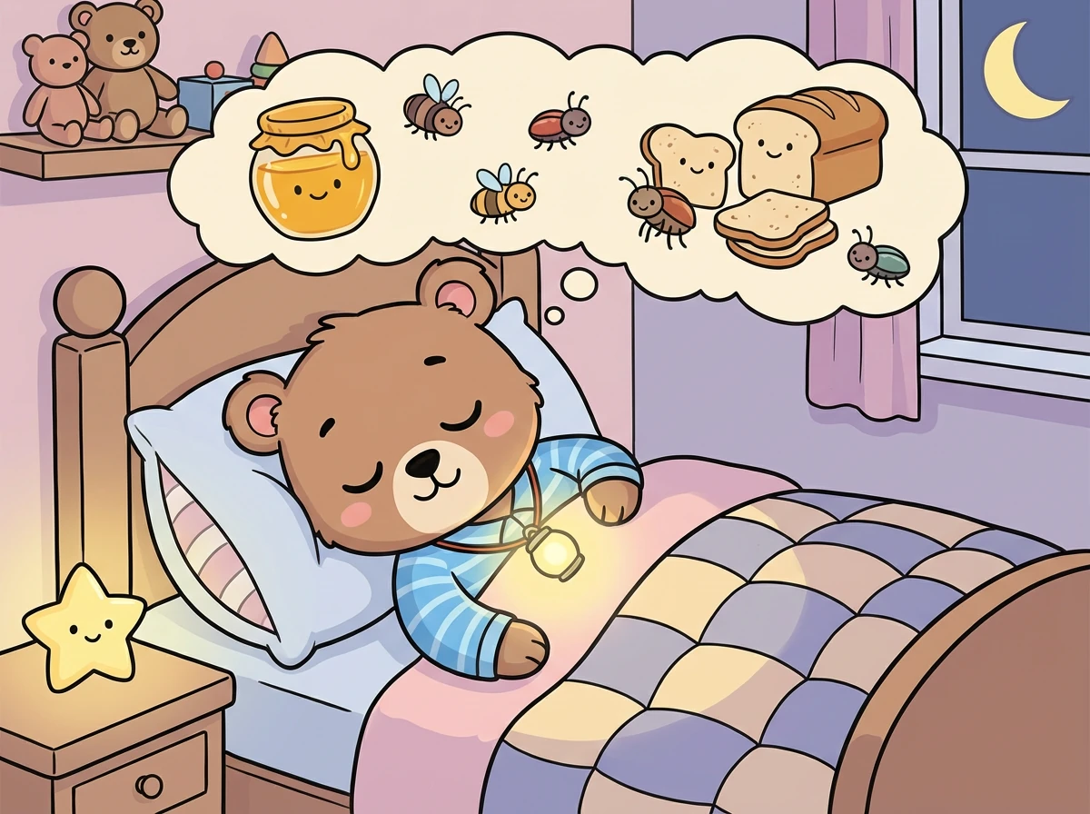 Ben lächelte. Er hatte keine Angst mehr. Das Nachtlicht leuchtete hell, und er wusste, dass Oma in der Nähe war. Er schlief friedlich ein und träumte von Honigbrot und kleinen Käfern.
