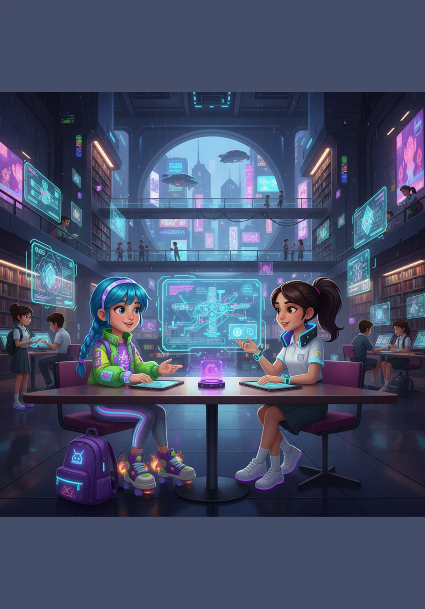 تجلس ليلى ومريم في مكتبة المدرسة الواسعة، ترتديان زيهما المدرسي الرمادي والأبيض الأنيق. تحيط بهما رفوف الكتب الملونة، وتبدوان متحمسين لبدء مشروعهما المدرسي الجديد عن البيئة والعلوم.