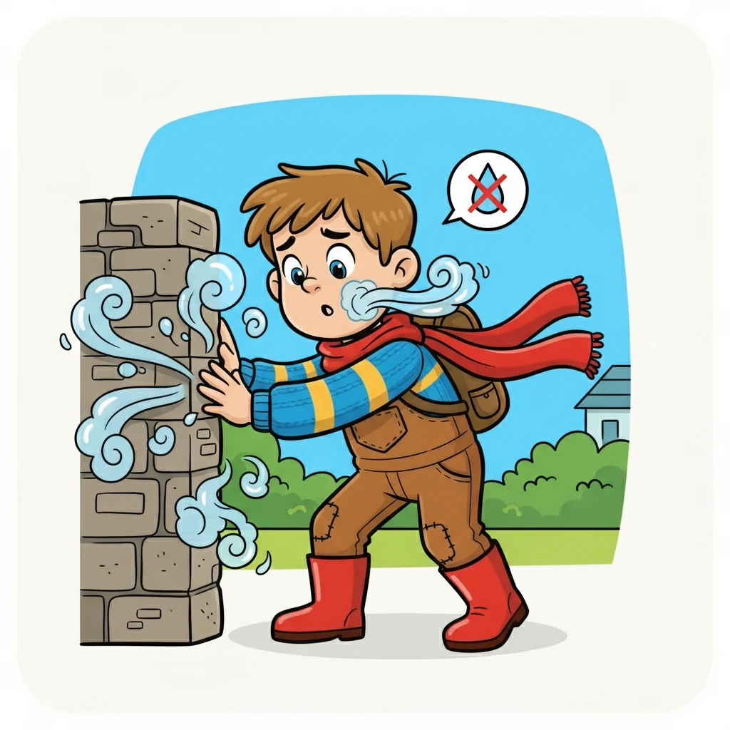 Théo imagina la diffusion de la vapeur d'eau à travers les murs. Il comprit que si l'humidité restait bloquée, elle pouvait endommager le bâtiment, comme l'eau sur sa peau.