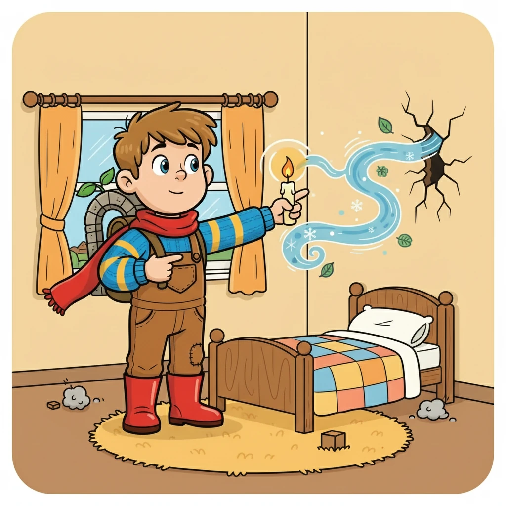 Théo s'intéressa à l'étanchéité à l'air de la maison. Il comprit que les fuites d'air pouvaient diminuer l'efficacité de l'isolation, comme les courants d'air dans sa chambre.