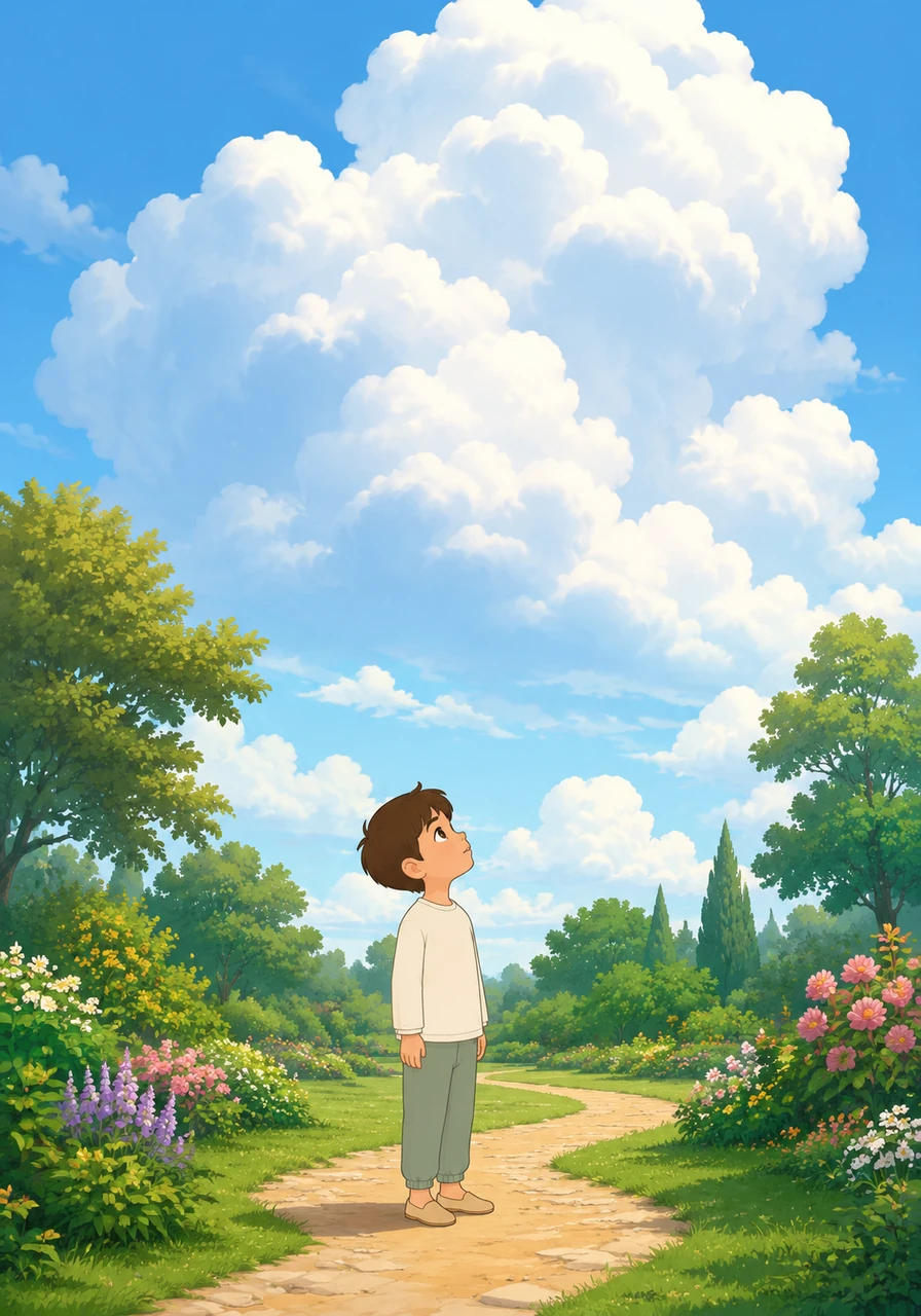 Le lendemain matin, Éli se promène dans le jardin, un peu intimidé par cette idée. Il lève les yeux vers les grands nuages blancs et se demande comment un petit garçon comme lui peut s'adresser au Créateur de l'univers.
