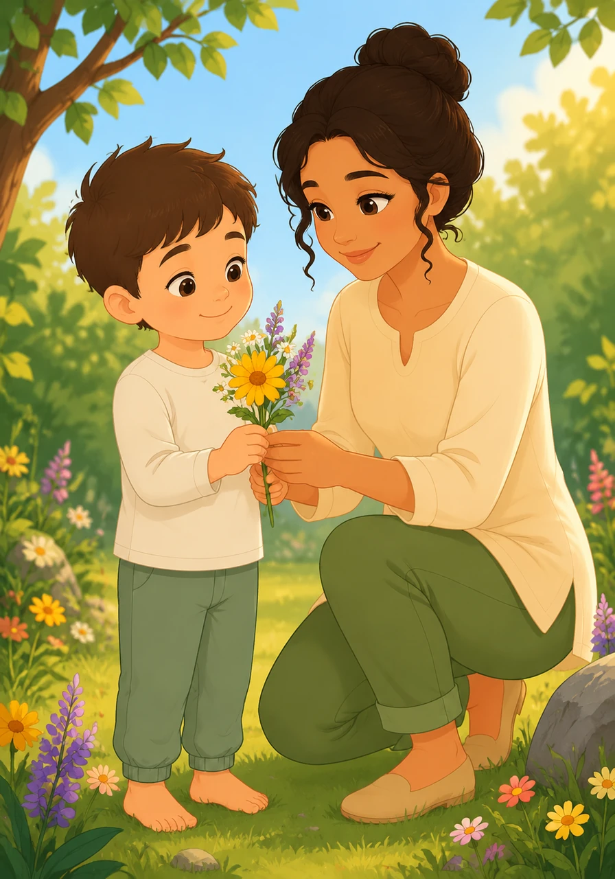 Sa maman le rejoint et lui cueille une fleur sauvage en lui expliquant que la première façon de prier est de dire merci. Éli regarde les couleurs de la fleur et murmure un premier merci dans son cœur pour la beauté qui l'entoure.