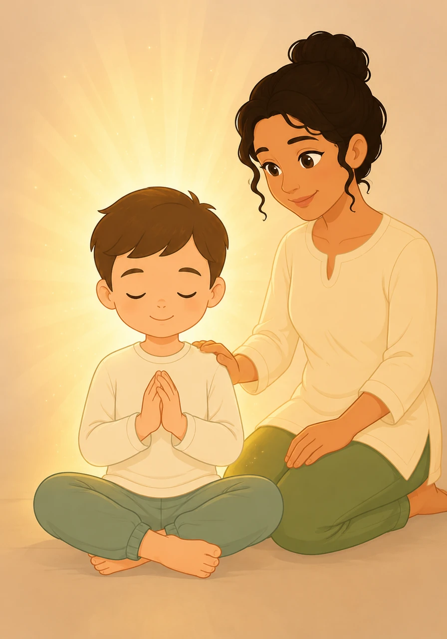 Il se rappelle alors les paroles de sa maman et décide de demander de l'aide à Dieu pour apaiser sa crainte. En fermant les yeux, il ressent une douce chaleur l'envelopper, comprenant qu'il peut exprimer ses peurs en toute confiance.