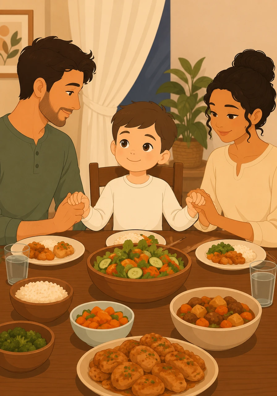 Au dîner, Éli regarde sa famille réunie autour de la table et ressent une immense gratitude pour ce repas partagé. Il propose spontanément de tenir la main de ses parents pour partager ce moment de reconnaissance ensemble.