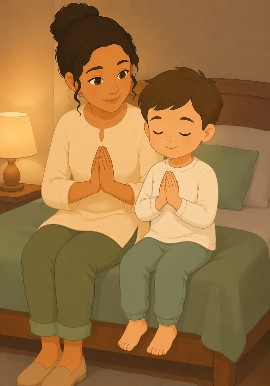 Avant de se coucher, Éli pense aussi aux autres, à son petit voisin qui est malade et à sa grand-mère qui vit loin. Sa maman lui montre qu'on peut prier pour demander du bonheur, de la force et de la santé pour les gens qu'on aime.