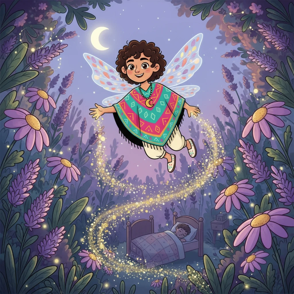 Ensueño, un duende pequeño con alas de pétalos, vivía en un jardín lleno de flores y hierbas aromáticas.  Su misión era proteger los sueños de los niños, y cada noche, volaba sobre las camas esparciendo polvo mágico.  Le encantaba el olor a lavanda y manzanilla, que le recordaba a la tranquilidad.