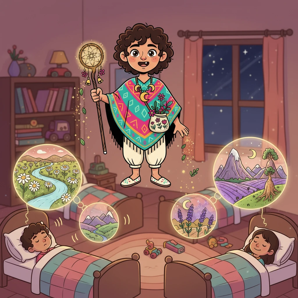 Esa noche, Ensueño voló sobre las camas, esparciendo el polvo mágico y las hierbas durmientes.  Los niños comenzaron a soñar con paisajes increíbles: campos de lavanda, ríos de manzanilla y montañas de valeriana.  Las risas y la alegría llenaron sus sueños.