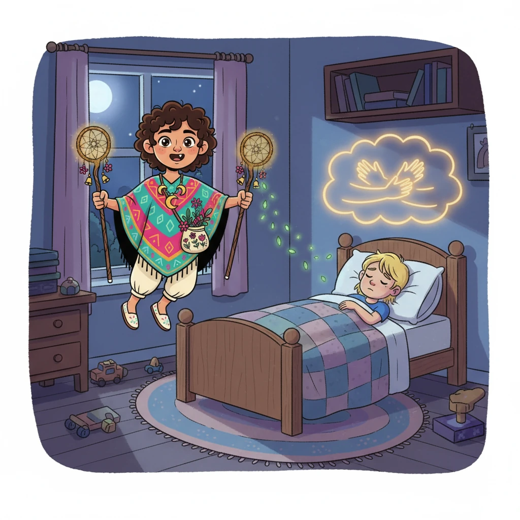 De repente, un niño tuvo una pesadilla. Ensueño, preocupado, voló rápidamente hacia él y esparció un poco más de hierbas durmientes.  El miedo se transformó en calma, y el niño soñó con un abrazo cálido y reconfortante.  Ensueño aprendió la importancia de la bondad.