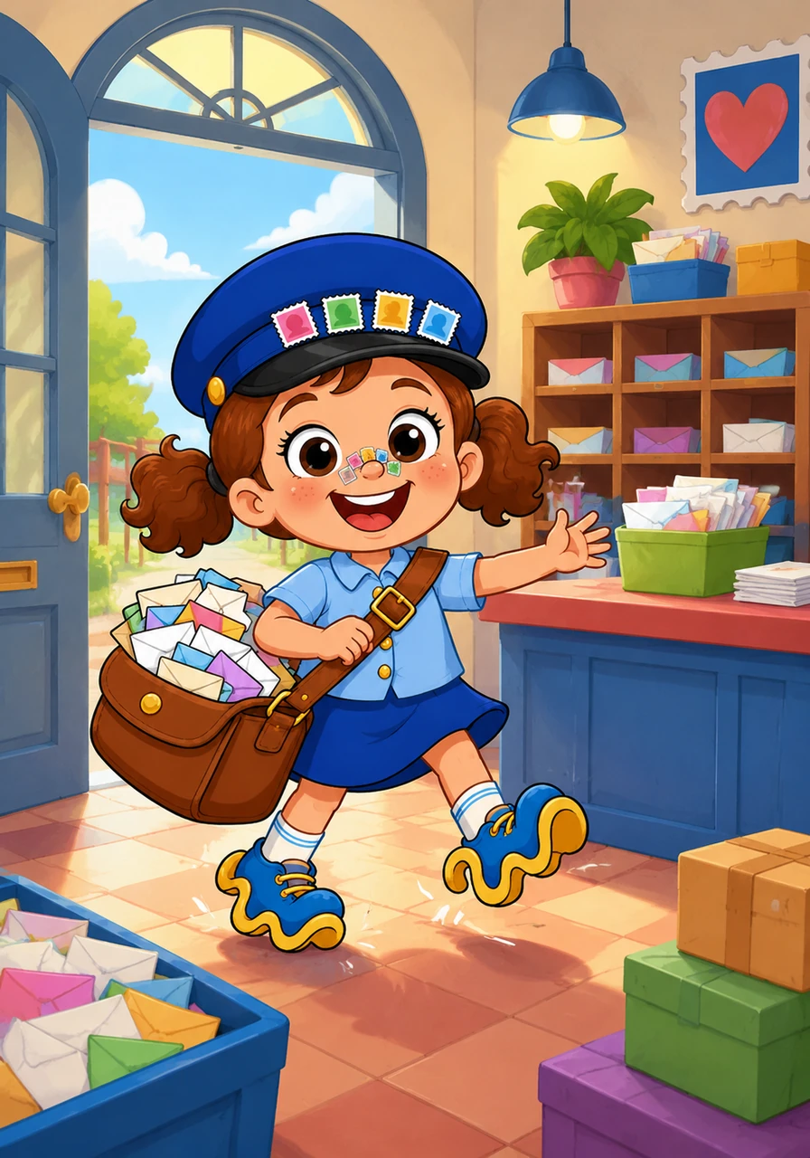 Penny the Postie skips into the bright and colorful Coreville Post Office, her mail bag overflowing with letters and a big smile on her face. She is ready for a perfectly organized day, but her wiggly shoes are already tapping out a rhythm for some morning mischief.