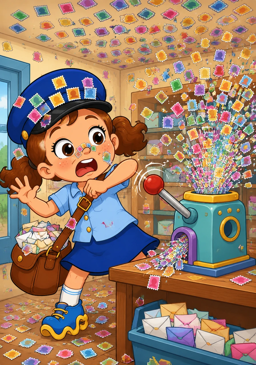 While trying to use the Super-Sticky Stamp-O-Matic, Penny accidentally bumps the Mega-Fast lever with her elbow. Thousands of tiny, colorful stamps blast out like a confetti cannon, sticking to Penny’s nose, her hat, and even the ceiling in a sticky rainbow.