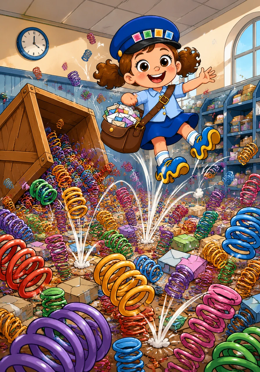 A giant crate marked Warning: Super-Bouncy Springs tips over, and hundreds of rainbow-colored springs go boing-boing-boing across the floor. Suddenly, the whole post office floor feels like a giant trampoline, sending Penny soaring into the air with every step she takes.