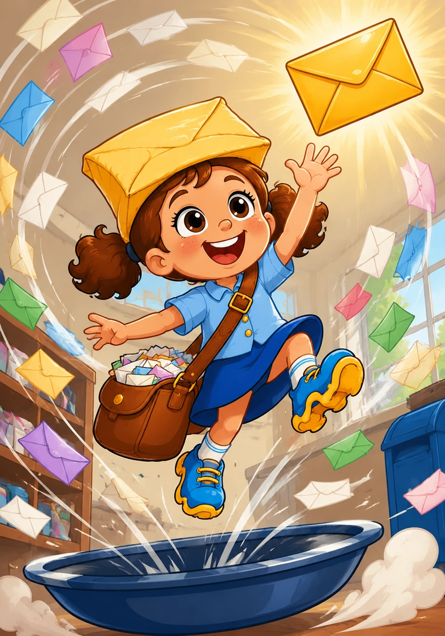 Penny tries to catch a flying golden envelope while bouncing higher and higher, looking like a happy popcorn kernel in a pan. Letters are swirling around her head like a paper whirlwind, and she accidentally catches a large padded envelope on her head like a silly square hat.