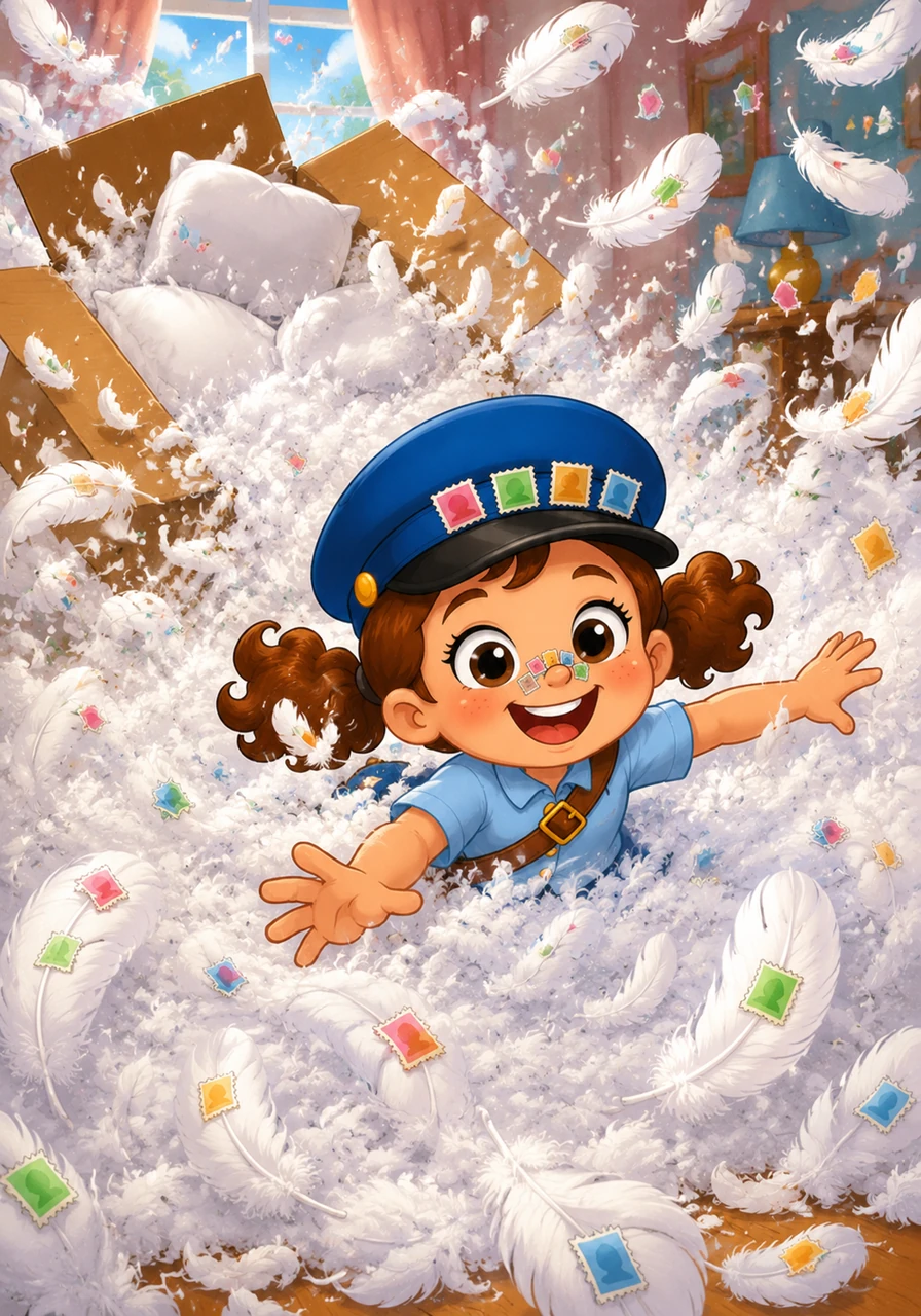A delivery of Cloud-Soft Feather Pillows pops open, filling the room with millions of tiny, white feathers that dance in the air. Penny giggles as she tries to swim through the fluffy white snowstorm, while stamps continue to stick to every feather that passes by her.