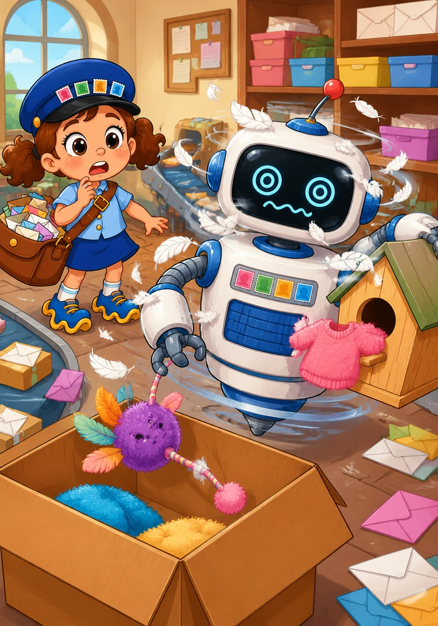 Sort-Bot 3000, the helpful mail robot, gets feathers in his sensors and starts spinning in circles like a dizzy top. He begins sorting things by their fluffiness instead of their zip codes, putting a fuzzy sweater into a birdhouse and a fluffy cat toy into a giant box.