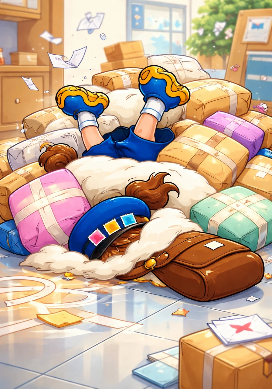 Penny slips on a stray piece of sticky tape and slides across the floor like a penguin on a slide, right into a mountain of oversized plushy parcels. She disappears into the soft pile with a muffled giggle, leaving only her bright yellow boots kicking happily in the air.