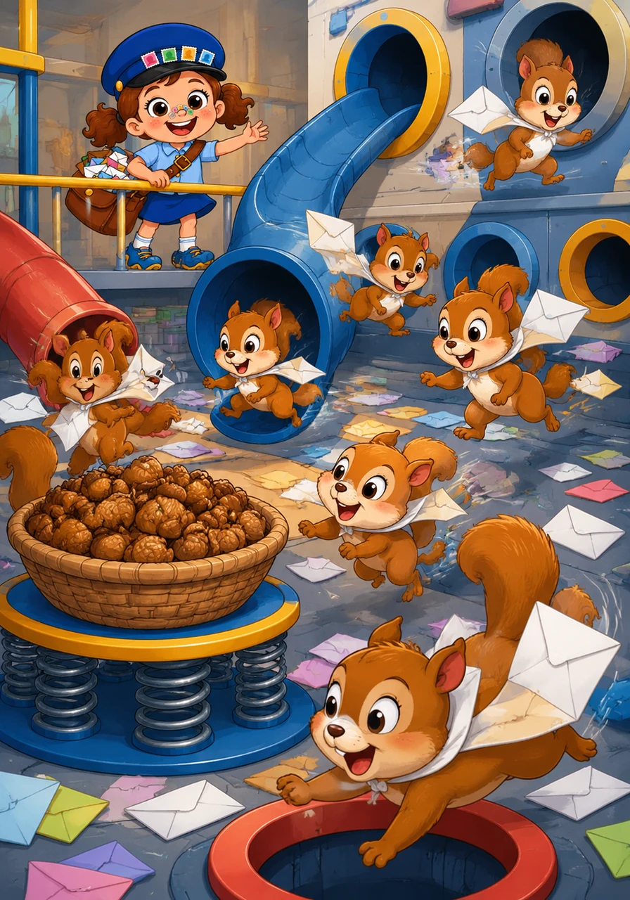 A parade of curious squirrels follows the scent of a Giant Nut Basket delivery and starts a game of tag through the mail chutes. They wear empty envelopes like tiny superhero capes and zoom around the bouncing springs, chattering with excitement at the postal playground.