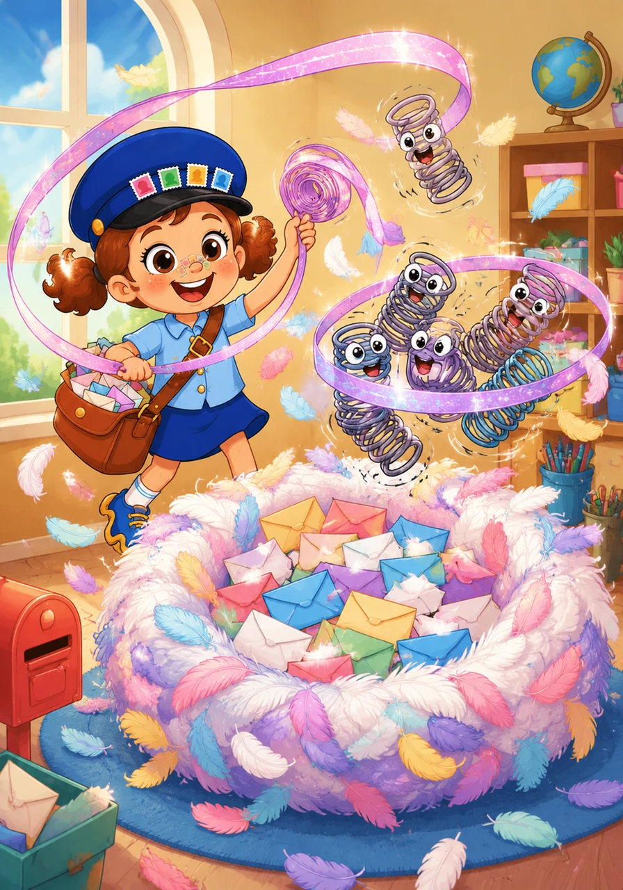 Penny decides to turn the chaos into a game, using a long roll of sparkly tape to lasso the runaway springs and bring them together. She gathers all the feathers into one giant, soft pile, creating the world’s biggest and most comfortable mail-sorting nest right in the middle of the room.