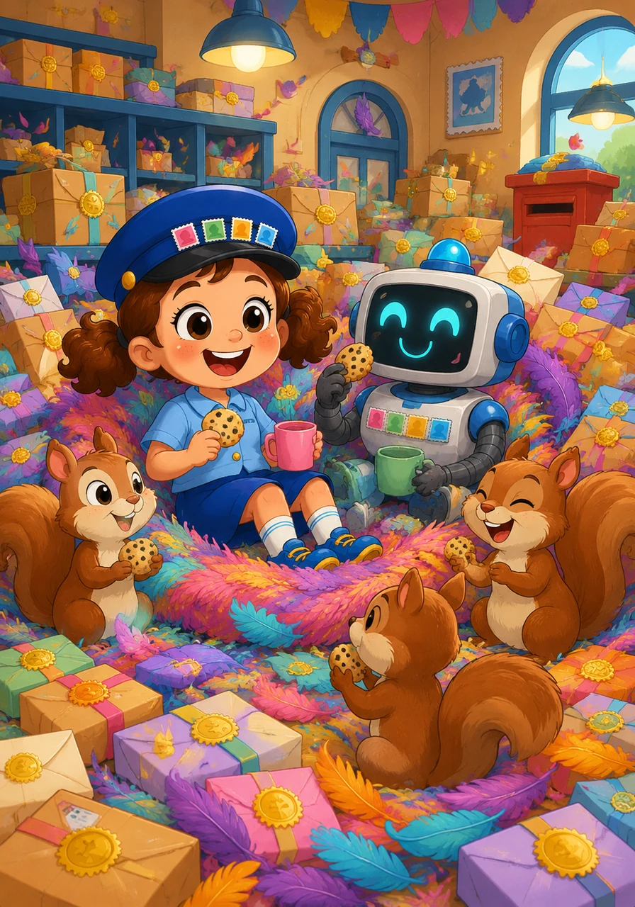 The post office is a colorful, feather-filled mess, but every package finally has a shiny Special Delivery sticker on it. Penny, Sort-Bot, and the squirrels all sit together in their feather nest, sharing a snack and laughing about the silliest day in Coreville history.