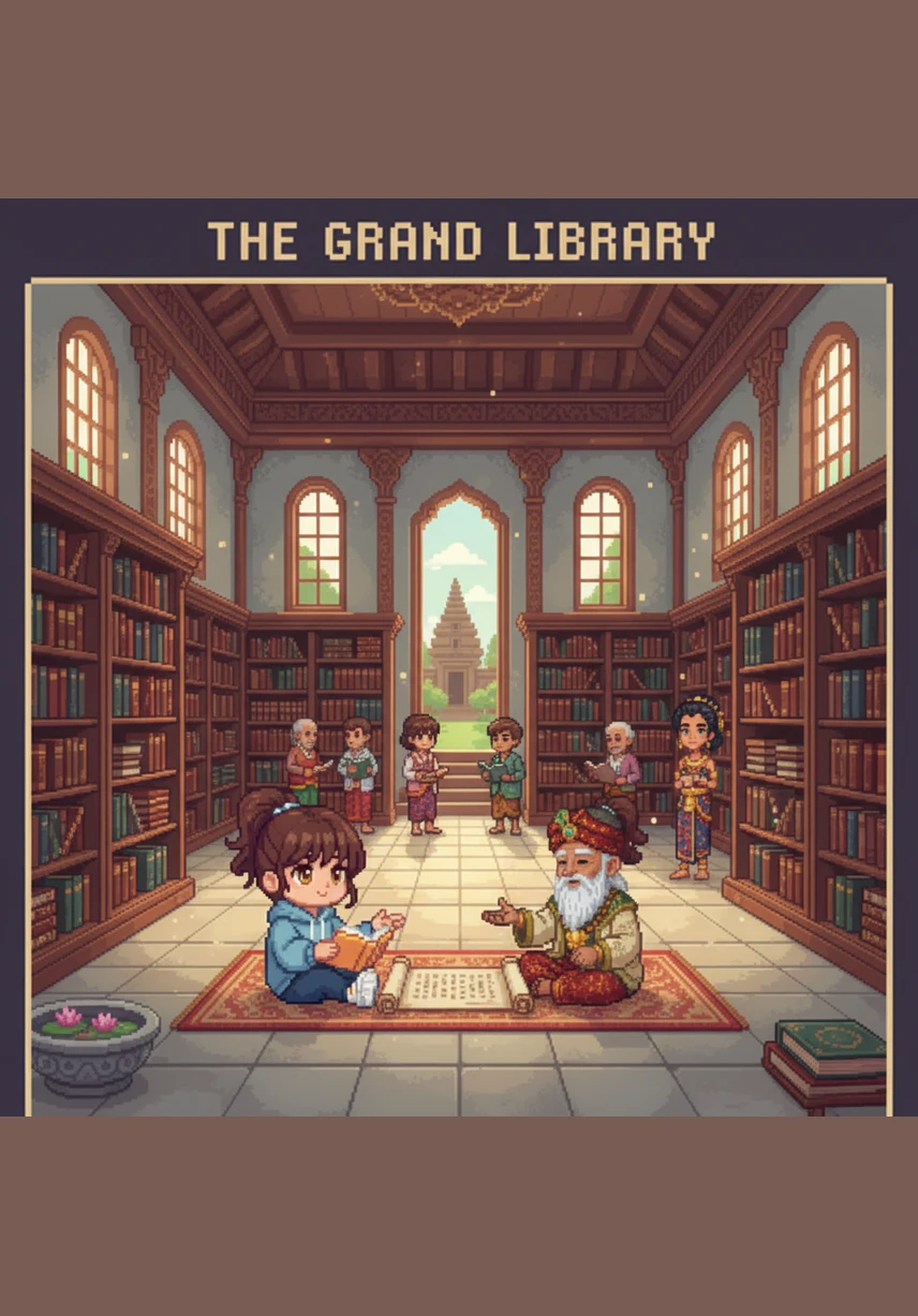 Di dalam perpustakaan kerajaan yang dipenuhi aroma dupa dan naskah tua, Nimas tekun mempelajari prasasti kuno serta peta pelayaran dunia. Ia percaya bahwa kekuatan sejati Sriwijaya bukan hanya terletak pada senjatanya, melainkan pada penguasaan ilmu pengetahuan dan jalur perdagangan.