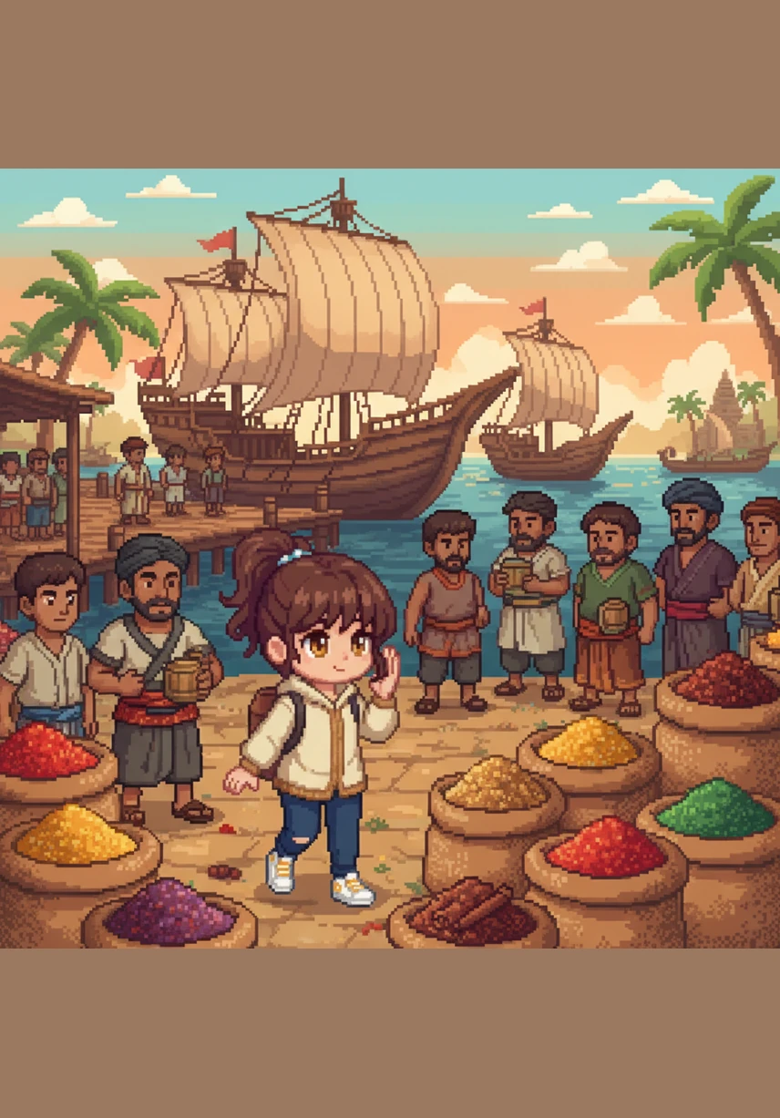 Pelabuhan Palembang tampak sangat ramai dengan kapal-kapal besar yang berlayar dari negeri jauh seperti India dan Tiongkok. Nimas berjalan di antara tumpukan rempah-rempah yang harum, mendengarkan berbagai bahasa asing yang menyatu dalam harmoni perdagangan maritim yang sibuk.