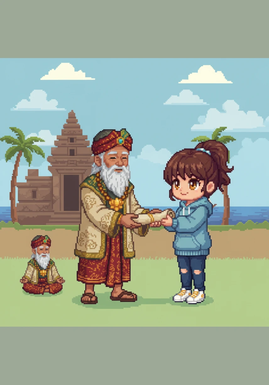 Seorang guru bijak memberikan sebuah naskah daun lontar suci kepada Nimas sebagai simbol tanggung jawabnya untuk menjaga warisan leluhur. Dengan mata yang berbinar penuh semangat, Nimas berjanji akan meneruskan kejayaan Sriwijaya melalui tulisan dan pemikiran yang jernih.