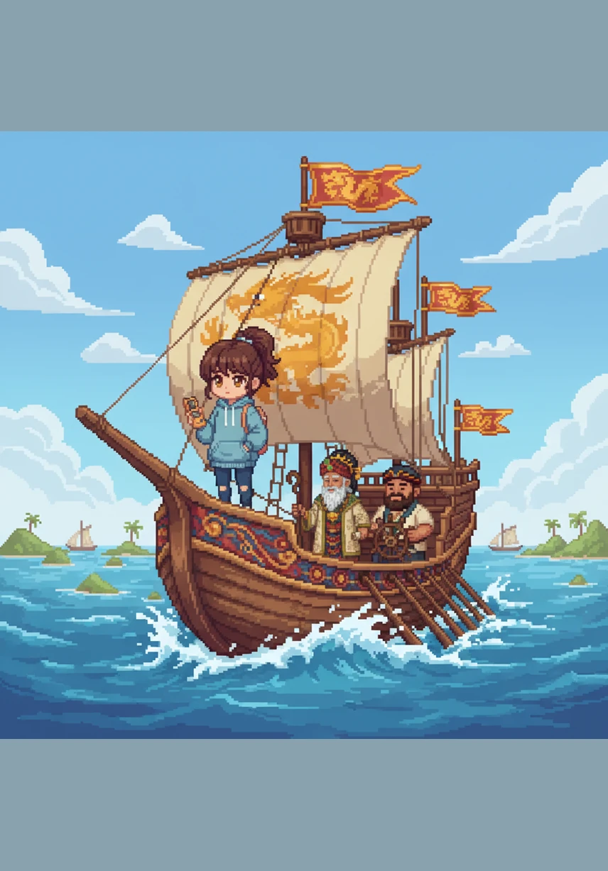 Nimas menaiki kapal kerajaan yang dihiasi bendera naga emas untuk mulai menjelajahi wilayah kepulauan Nusantara yang luas. Angin laut yang kencang membawa semangat baru baginya untuk melihat langsung bagaimana kekuasaan maritim kerajaannya menyatukan berbagai pulau.