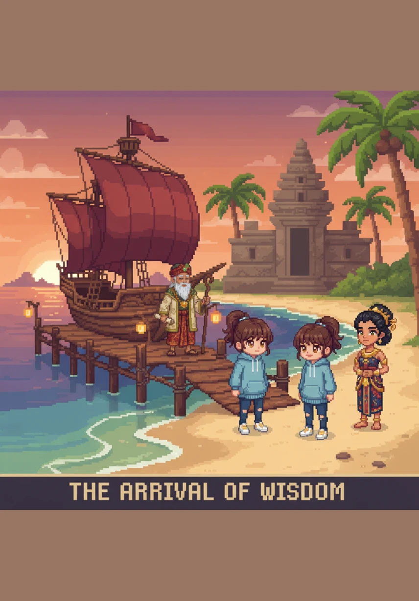 Kapal mereka akhirnya bersandar di sebuah pulau terpencil yang memiliki stupa emas menjulang tinggi hingga menyentuh awan. Di sana, Nimas belajar tentang nilai-nilai kedamaian dan spiritualitas yang menjadi fondasi utama kehidupan masyarakat di masa kejayaan Sriwijaya.