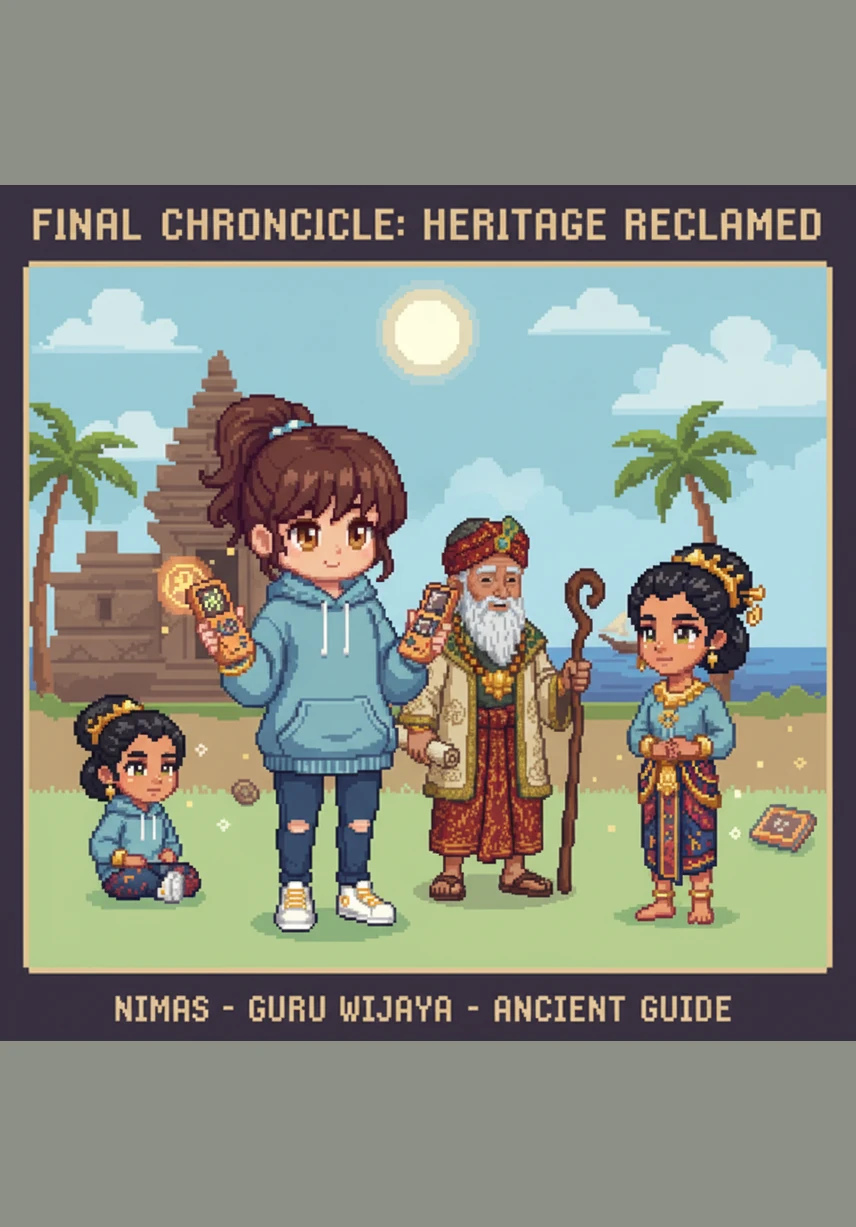 Matahari terbenam dengan warna jingga keemasan di atas permukaan Sungai Musi, merefleksikan kejayaan abadi Kerajaan Sriwijaya yang takkan terlupakan. Nimas berdiri dengan bangga di dermaga, mengetahui bahwa kisahnya akan terus hidup dan menginspirasi banyak generasi di masa depan.