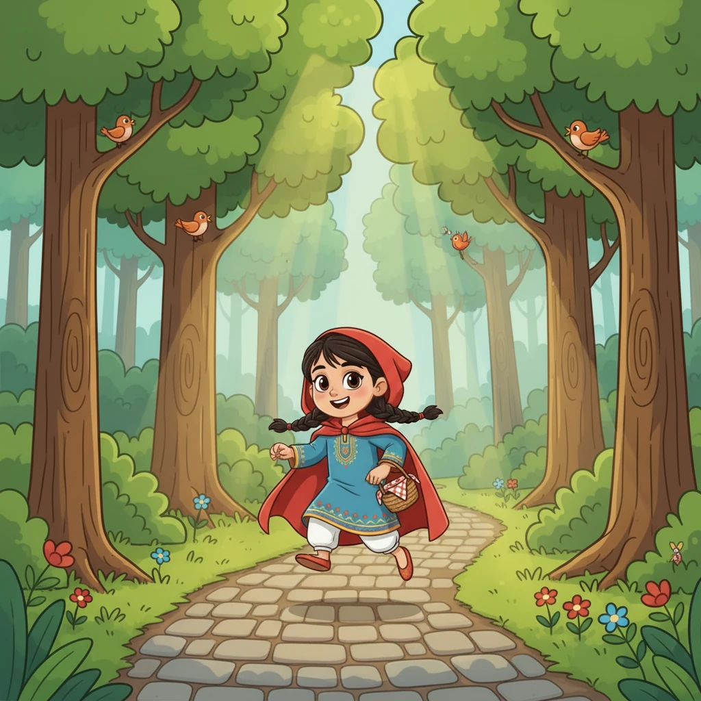 ارتدت ليلي فستانها الأحمر الجميل وحملت سلتها، وانطلقت في طريقها الملتوي عبر الغابة الخضراء. كانت أشعة الشمس تتسلل بين الأشجار العالية، وتغني العصافير ألحانًا عذبة، مما جعل ليلي تستمتع بجمال الطبيعة من حولها.