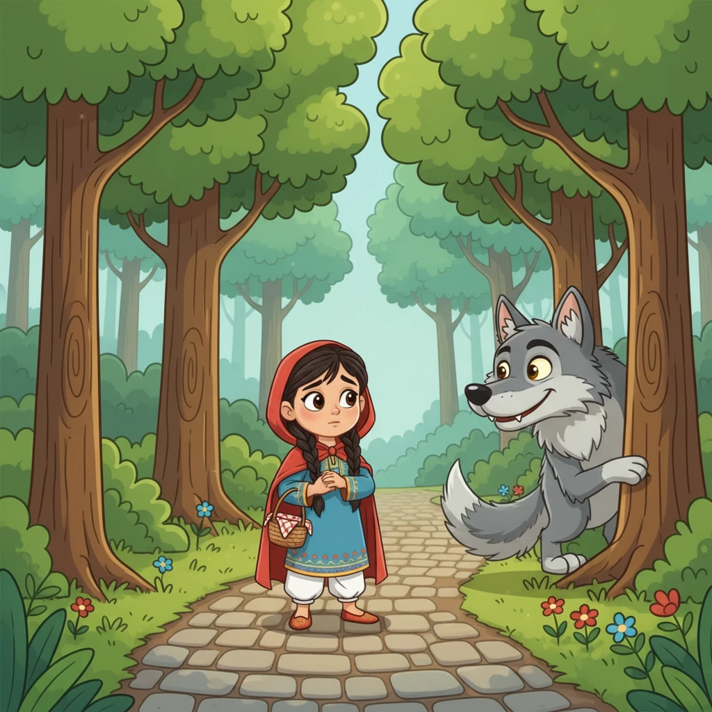 فجأة، ظهر ذئب كبير ذو فرو رمادي وعينين لامعتين من خلف شجرة بلوط ضخمة. ابتسم الذئب ابتسامة عريضة وقال بصوت ناعم: "صباح الخير يا ليلي الصغيرة، إلى أين أنت ذاهبة بهذه السلة الجميلة؟" شعرت ليلي بقليل من الخوف، لكنها أجابت بأدب.