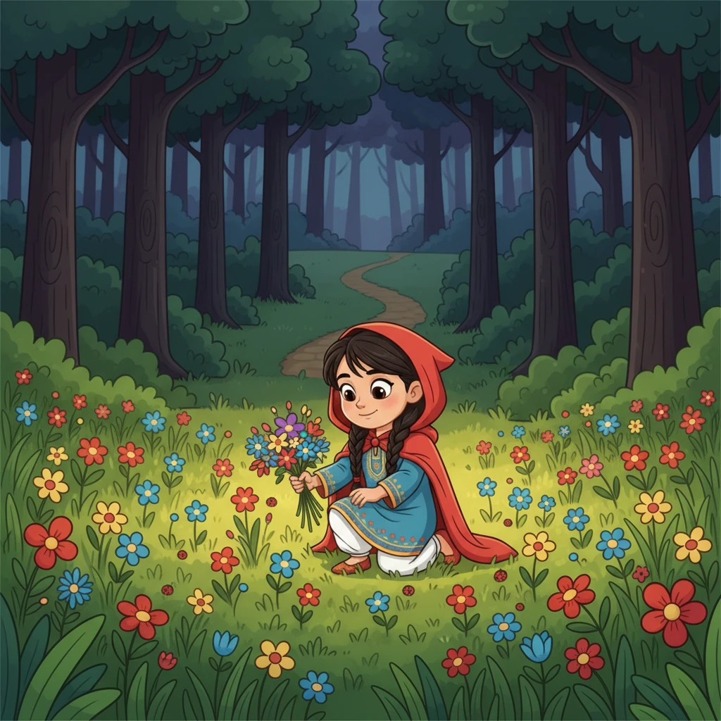 أخبرت ليلي الذئب أنها ذاهبة لزيارة جدتها. اقترح الذئب عليها أن تجمع بعض الزهور البرية الملونة لجدتها، مدعيًا أن ذلك سيسعدها كثيرًا. بينما كانت ليلي تجمع الزهور، ركض الذئب مسرعًا عبر طريق مختصر إلى كوخ الجدة.