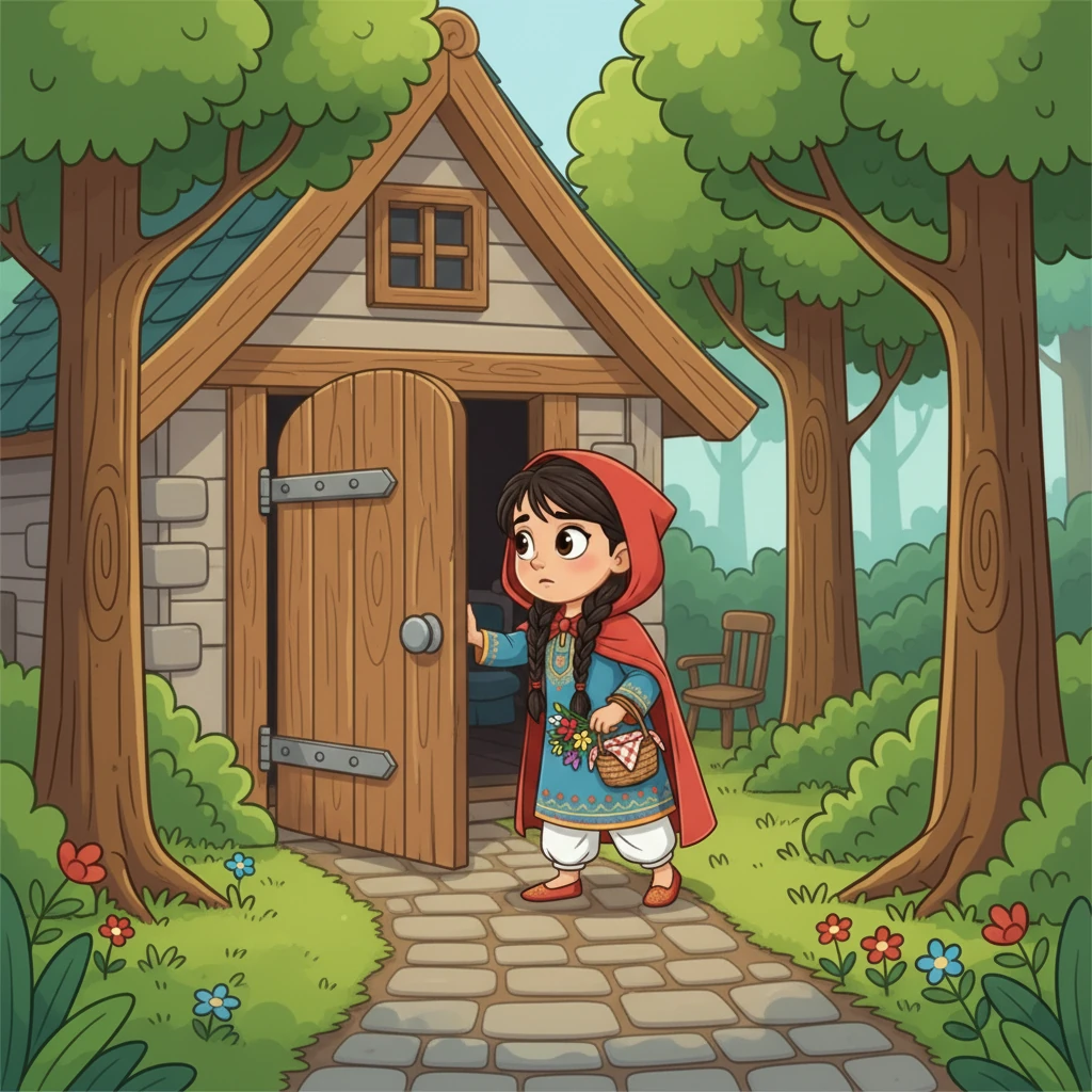 وصلت ليلي إلى كوخ جدتها، وطرقت الباب بلطف. شعرت بشعور غريب، فقد كان الباب موارباً قليلاً، ولم تسمع صوت جدتها المعتاد. دخلت ليلي بحذر، وهي تحمل سلتها الصغيرة وباقة الزهور.