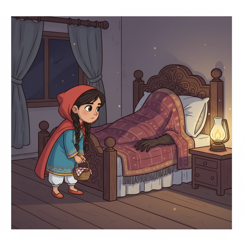 رأت ليلي "جدتها" في السرير، وقد غطت رأسها بوشاح كبير، وكانت تبدو مريضة جداً. رحبت بها "الجدة" بصوت أجش وغريب، وقالت: "تعالي يا حبيبتي، ضعي السلة هنا واقتربي لأراكِ جيداً."