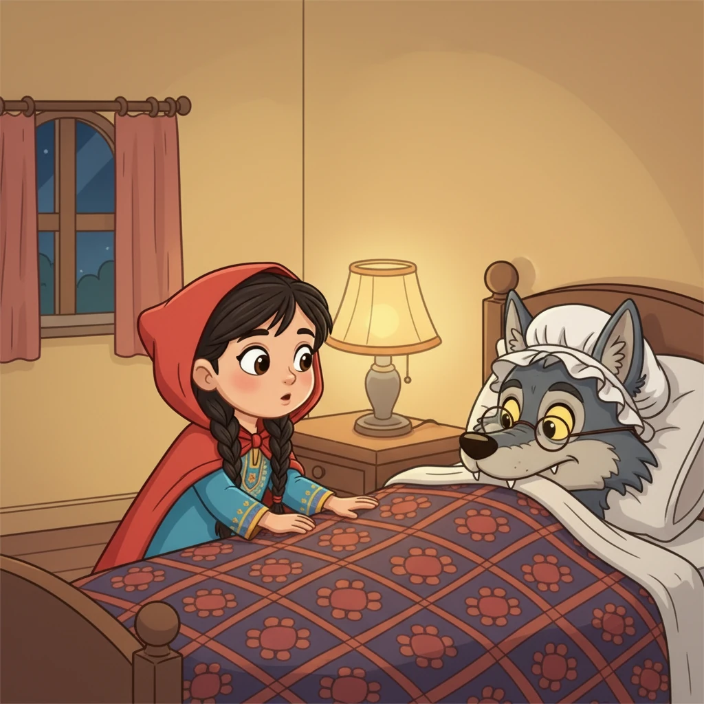 اقتربت ليلي من السرير، وبدأت تلاحظ أشياء غريبة. "يا جدتي، لماذا أذناكِ كبيرتان جداً؟" سألت ليلي ببراءة. أجاب الذئب المتنكر: "حتى أسمعكِ جيداً يا حبيبتي!" ثم تابعت ليلي: "ولماذا عيناكِ كبيرتان هكذا؟"