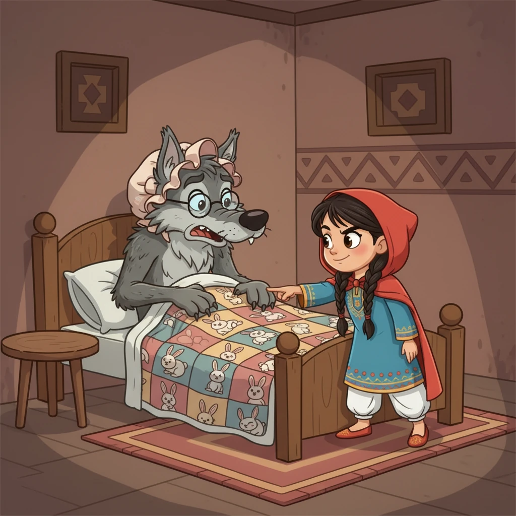 لاحظت ليلي أن يدي "جدتها" مغطاة بالفرو، وأن أنفها كبير جداً. تذكرت ليلي كيف كانت جدتها تحب أن تعد معها عدد الأرانب التي ترسمها على لحافها. سألت ليلي بذكاء: "جدتي، كم أرنبًا مرسومًا على لحافكِ المفضل؟" تلعثم الذئب ولم يعرف الإجابة الصحيحة.