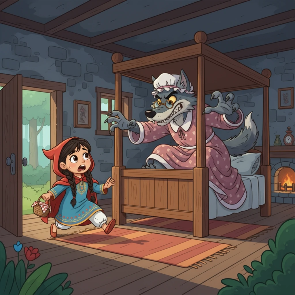 أدركت ليلي أن هذا ليس جدتها، بل هو الذئب المخادع! صرخت ليلي بصوت عالٍ: "أنت لست جدتي، أنت الذئب!" قفز الذئب من السرير محاولاً الإمساك بها، لكن ليلي كانت أسرع وركضت خارج الكوخ تطلب المساعدة.