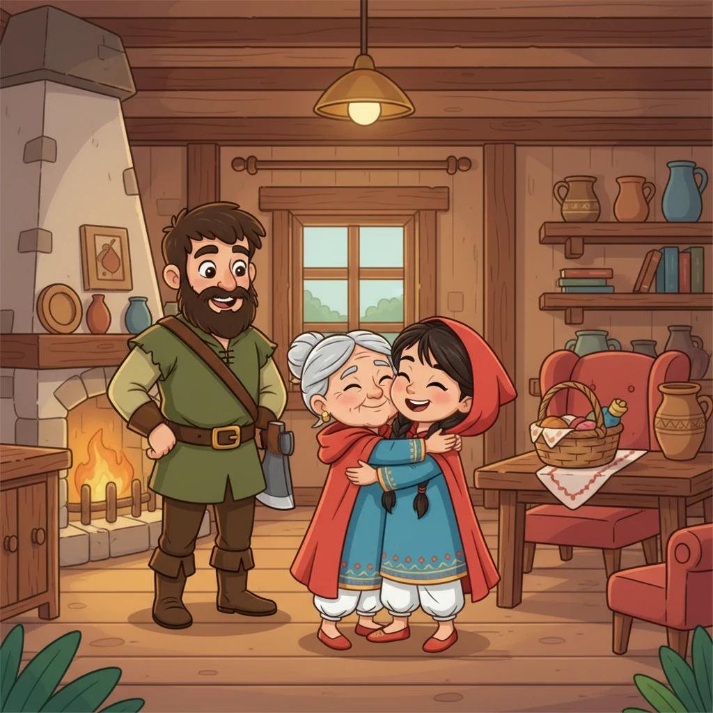 لحسن الحظ، كان حطاب شجاع يمر بالقرب من الكوخ، وسمع صراخ ليلي. دخل الحطاب إلى الكوخ وطارد الذئب بعيداً، وأنقذ الجدة الحقيقية التي كانت مختبئة. احتضنت ليلي جدتها بسعادة، وشكرت الحطاب على شجاعته، وعادت الأمور إلى طبيعتها بفضل ذكاء ليلي.