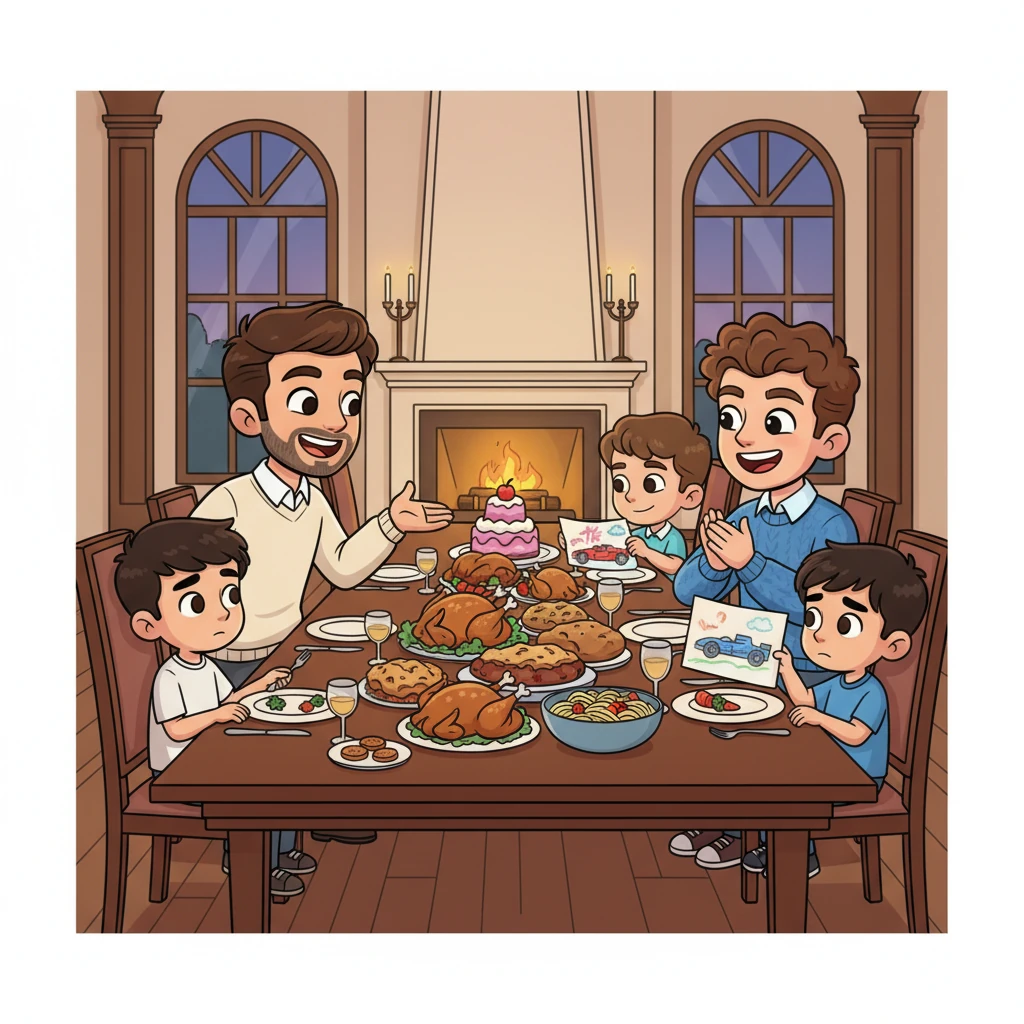 During a boisterous family dinner, the long, polished table groaned under a feast fit for royalty. Carlos recounted a thrilling business deal, while Max and Charles proudly discussed Oscar and Ollie's latest achievements. Laughter echoed through the dining hall, but Rafa sat quietly, his plate barely touched, feeling the invisible wall between himself and the animated conversations.