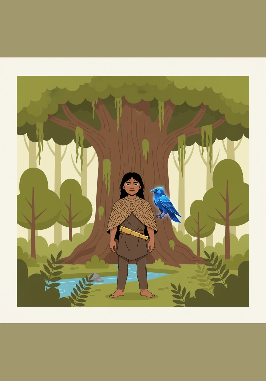 Kye stands by the Great Cedar, thanking the tree before gathering bark for weaving. His village is busy preparing for winter, living in harmony with the lush green forest and the salty sea.