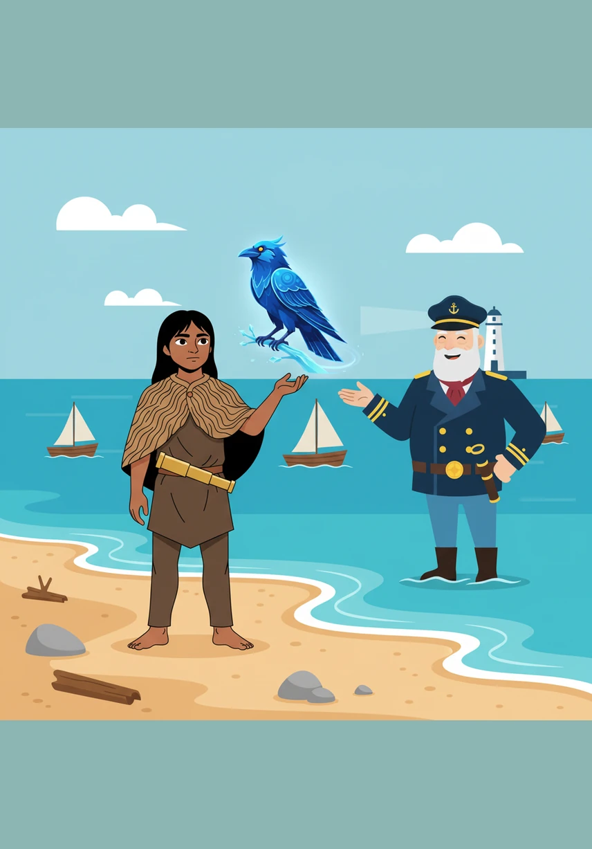 Men with pale skin and strange, hairy faces arrive on the shore in small boats. They carry heavy metal tools that shine in the sun, making sounds like clinking bells as they walk.