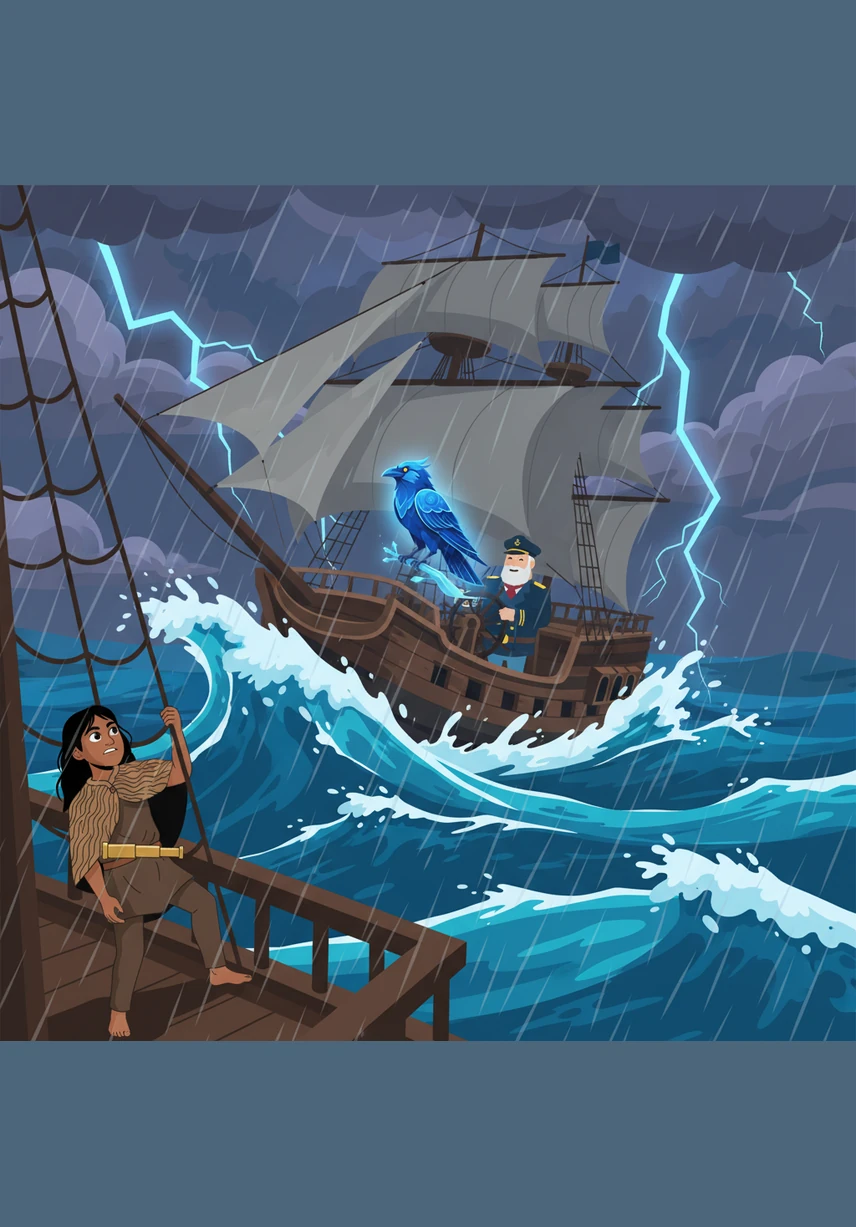 Dark clouds roll in and a fierce Pacific storm tosses the giant ship against the sharp rocks. The strangers struggle to steer their heavy vessel, unaware of the hidden reefs beneath the waves.