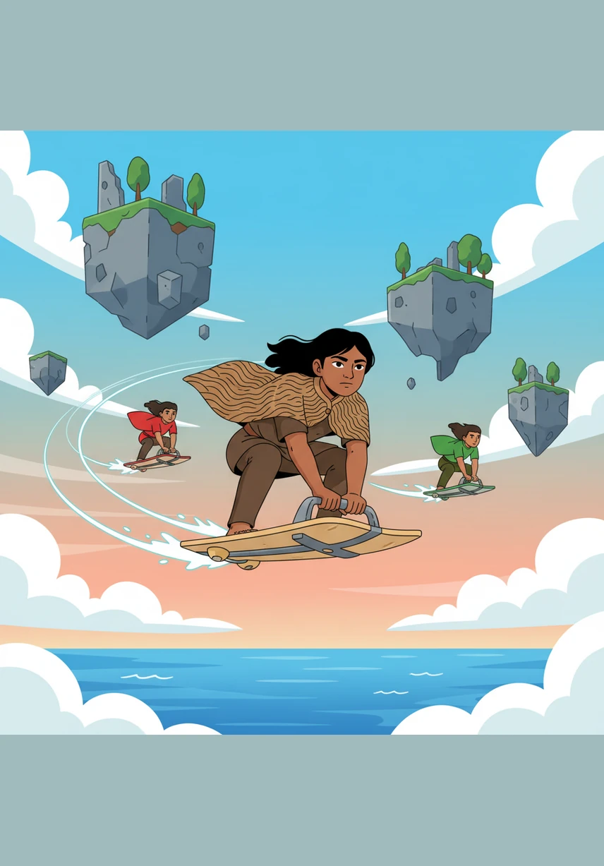 Kye paddles his swift canoe into the crashing waves, signaling for the strangers to follow his path. He uses his knowledge of the tides and the secret currents to lead them to a calm, protected cove.
